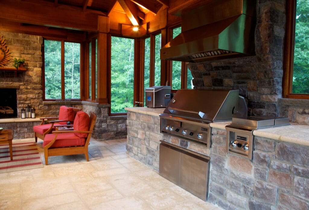 outdoor kitchen dining pavilion with fireplace