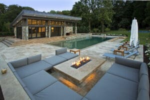 MODERN FIRE PIT OUTDOOR LOUNGE AND POOL HOUSE