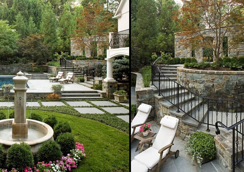 garden entry gate and curved stone retaining walls