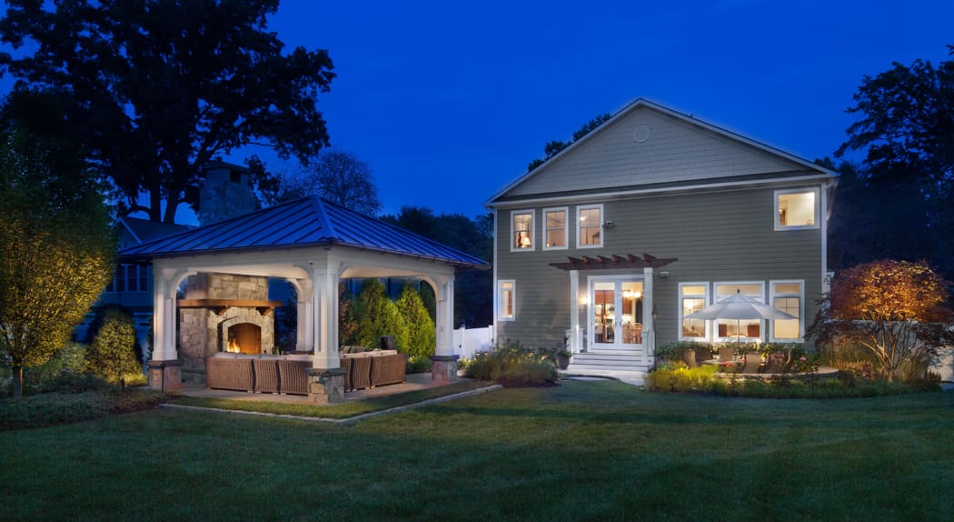 outdoor fireplace pavilion evening