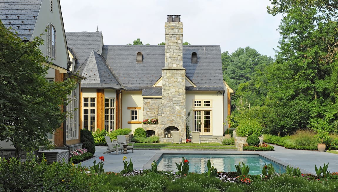 bluestone outdoor fireplace, chimney, coblestone steps & pool patio