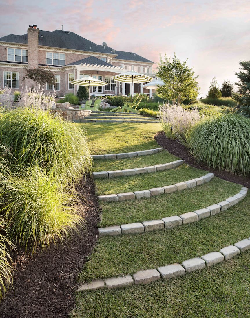 deep grass steps ease the slope