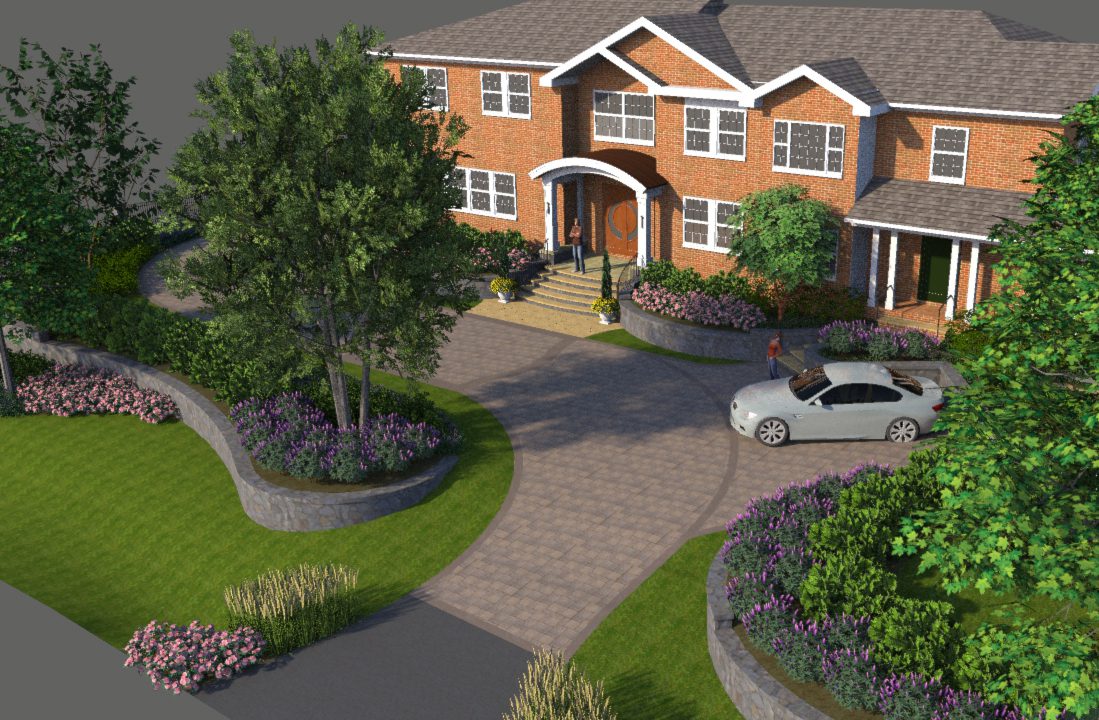3D concept of new driveway design and front landscaping