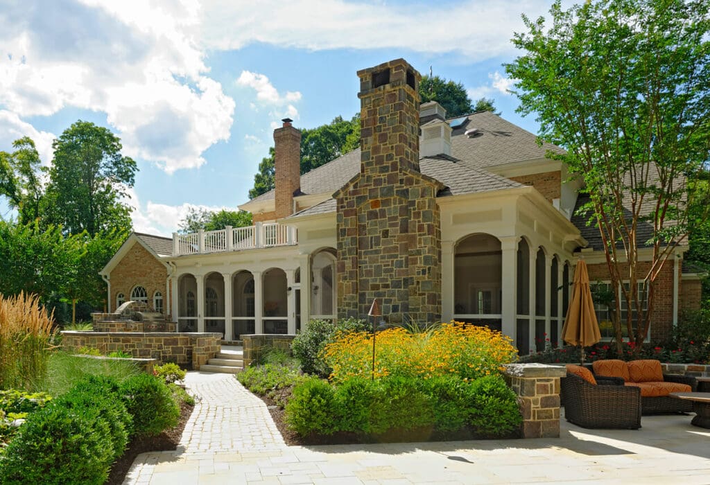 backyard design with porch, cobble patios & loggia