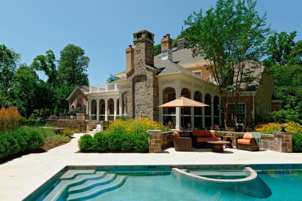 porch flower bed retaining wall and swimming pool