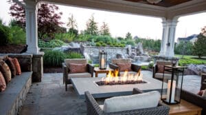 gas fire table sheltered by pavilion
