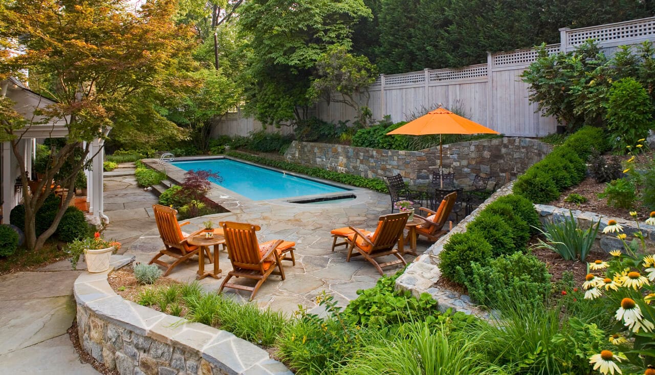 terraced planting beds and pool patio