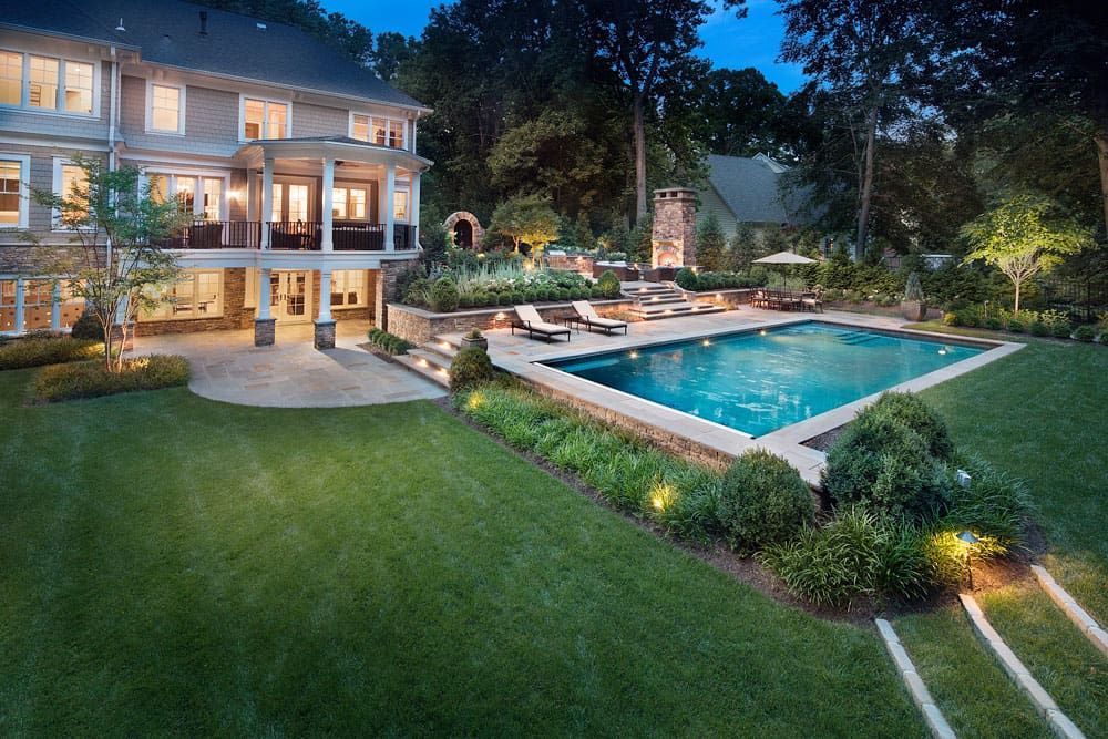 lawn care pattern around pool deck