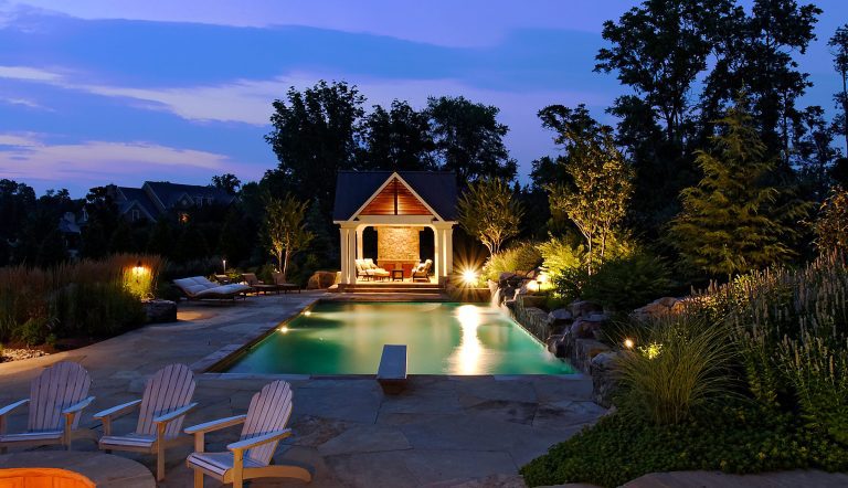 backyard swimming pool with fire pit and spa