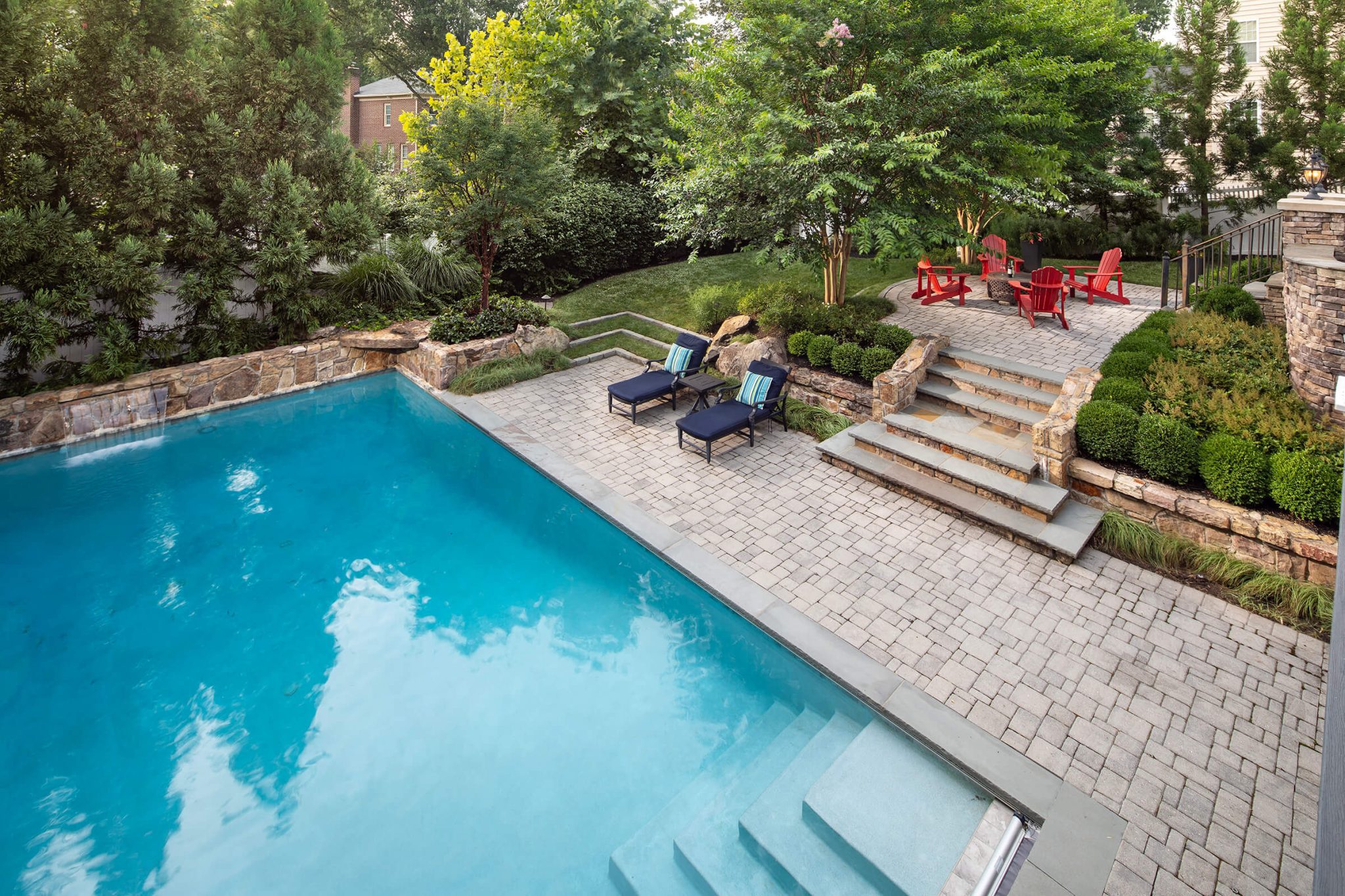 backyard swimming pool design with irregular paver pool deck in great falls va