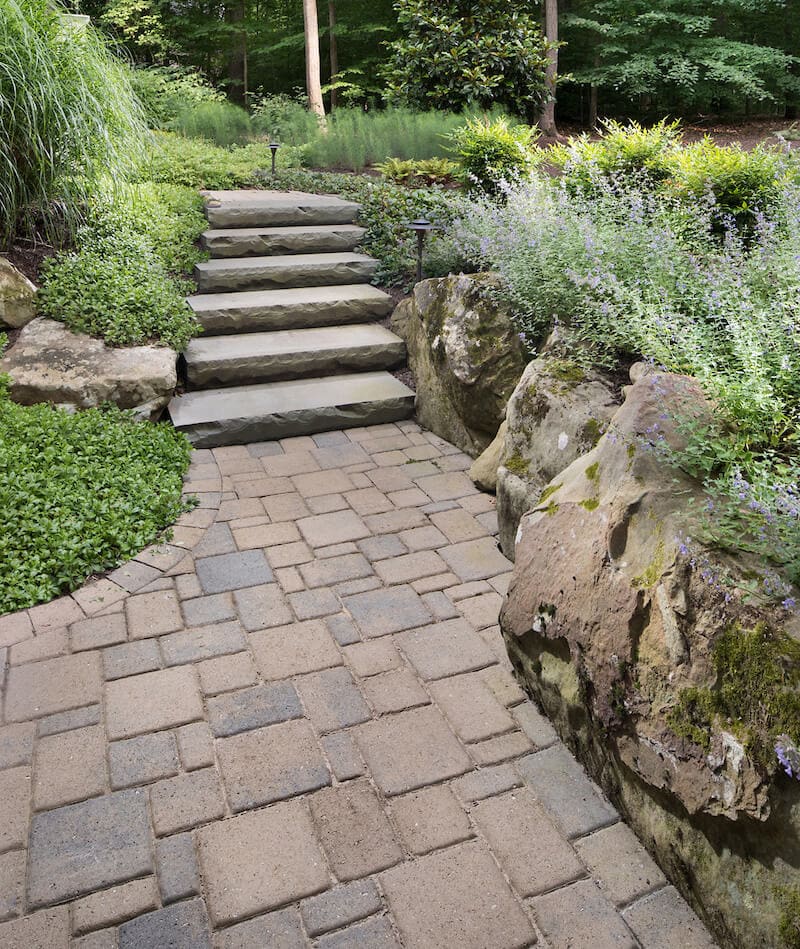 tumbled stone patio and slab stone steps