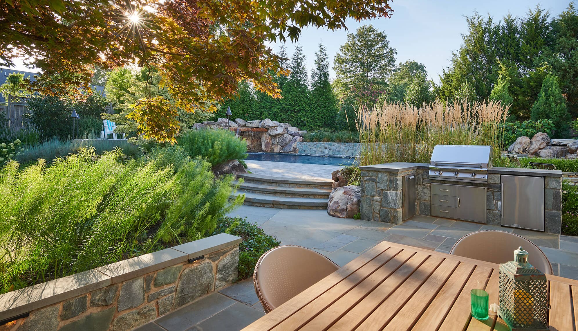 poolside dining patio and grill station