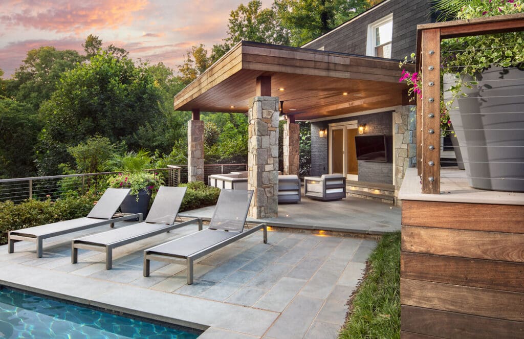 multi level porch, patio, and pool deck