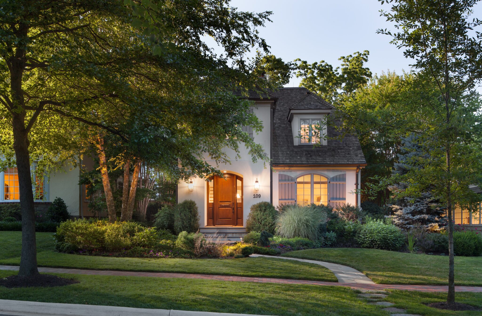 Home on quiet street in Chevy Chase Maryland displays landscape curb appeal