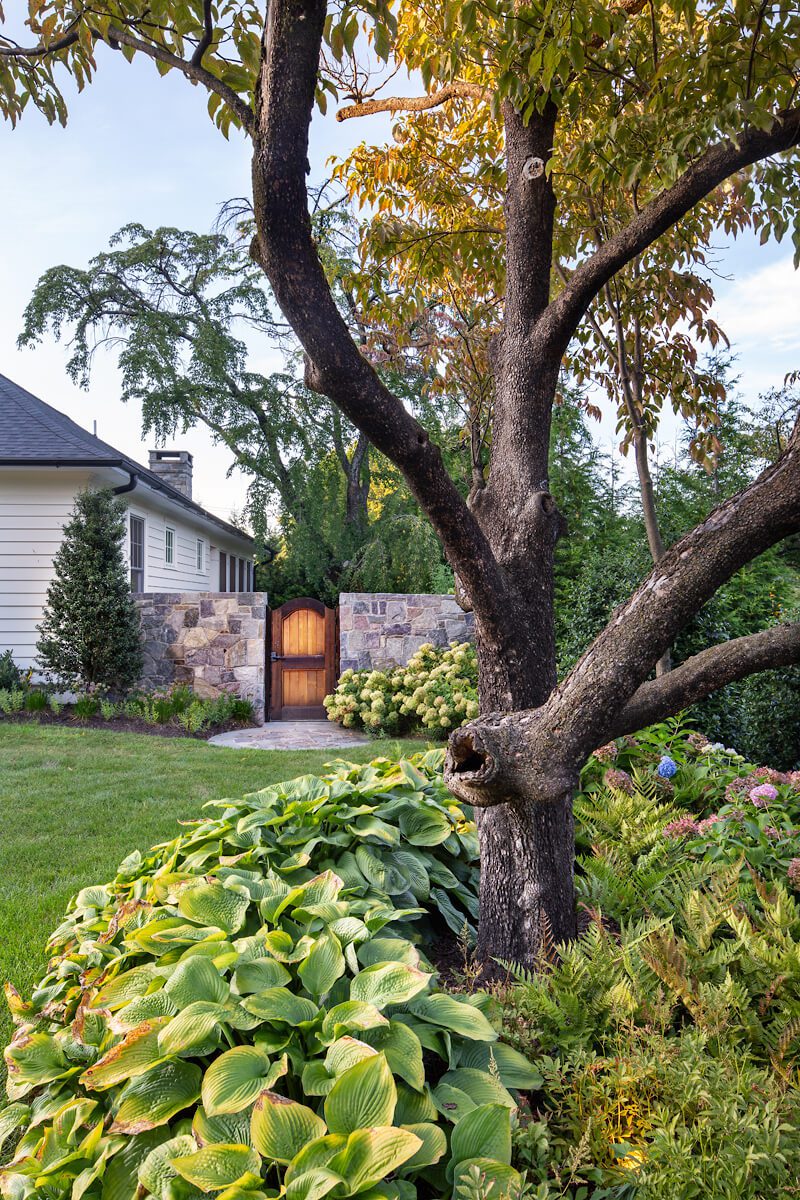 stone privacy wall and garden gate