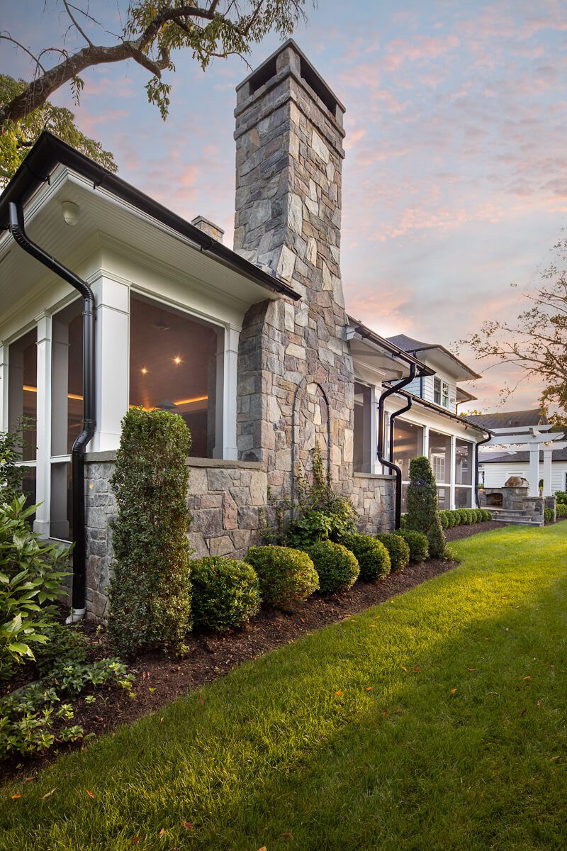 beautiful stonework on exterior of screened porch